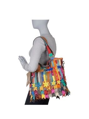 AMERILEATHER ~ Multicolor Fringe Leather Tote /Crossbody Bag with Flower Accents